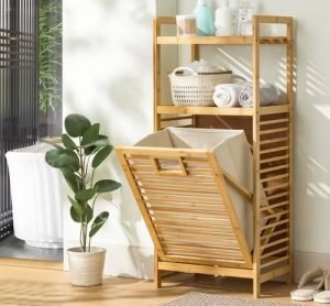 Mueble Organizador De Ropa Sucia Con Cesto Estante En Bambu