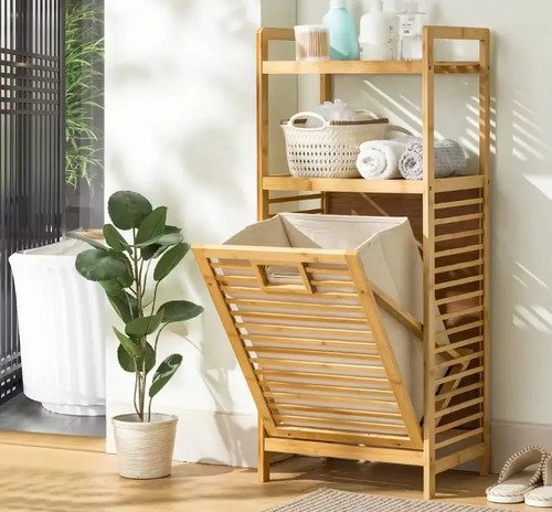 Mueble Organizador De Ropa Sucia Con Cesto Estante En Bambu